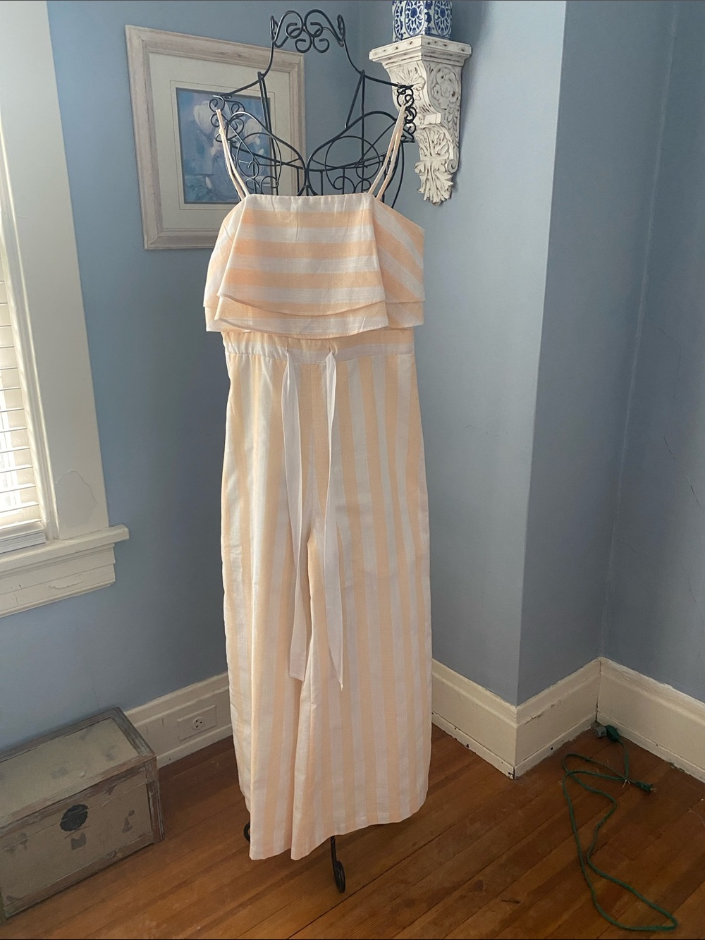 Peach & White Vertical Stripe Wide-Leg Pants